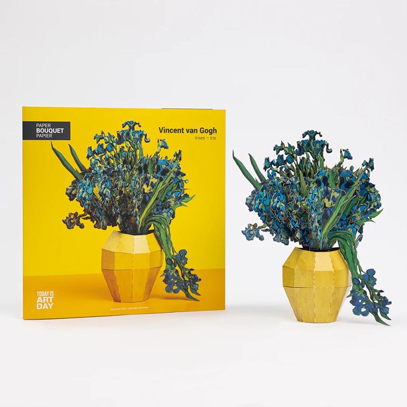 Yellow vase with blue flowers made of paper inspired by Van Gogh's Irises