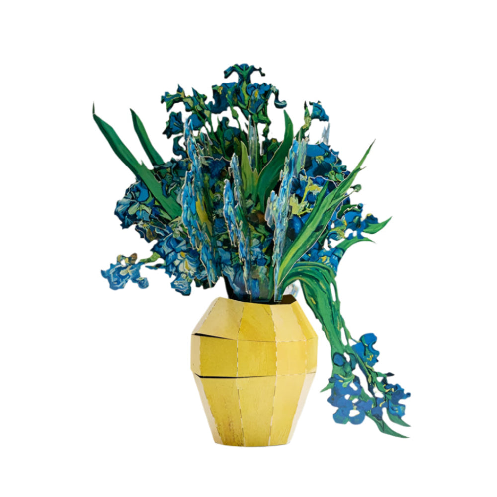 Yellow vase with blue flowers made of paper inspired by Van Gogh's Irises