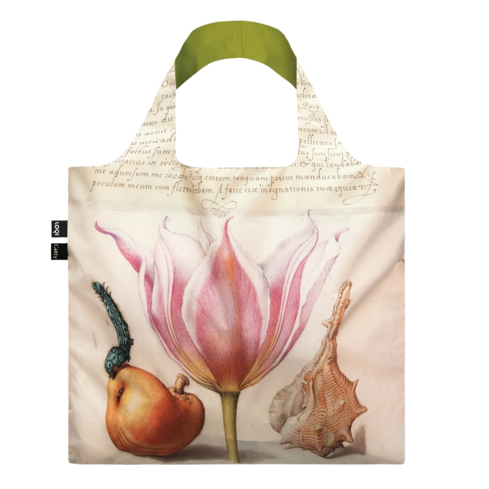 A person carrying a beige tote bag with a botanical and calligraphy-inspired design.