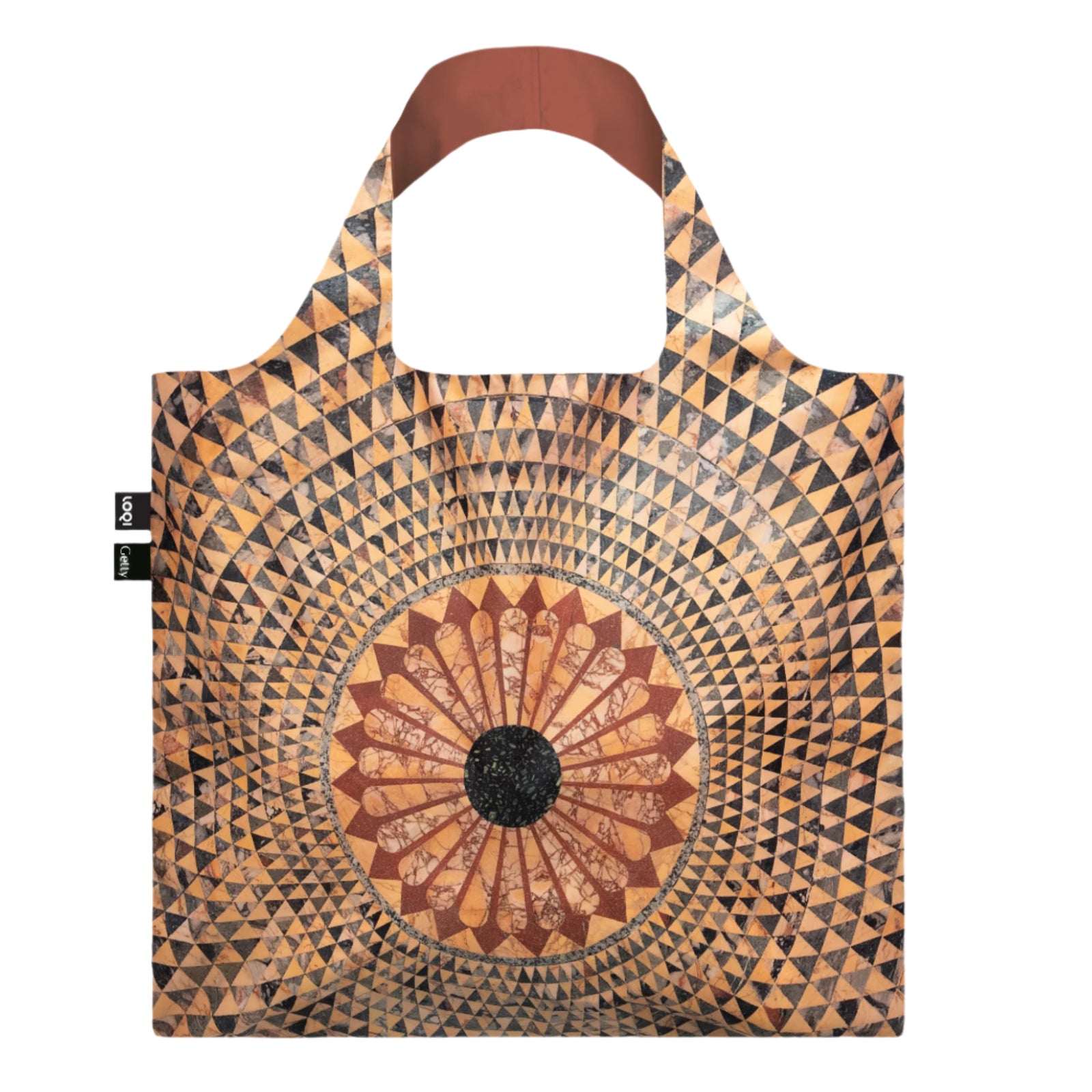 A reusable tote bag with a geometric pattern depicting the Getty Villa Museum's Temple of Hercules mosaic floor.