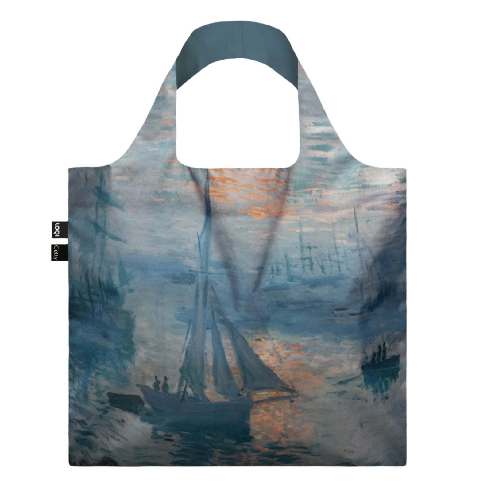 A tote bag featuring a printed image of a Monet painting with a marine scene, including boats and a sunrise sky.