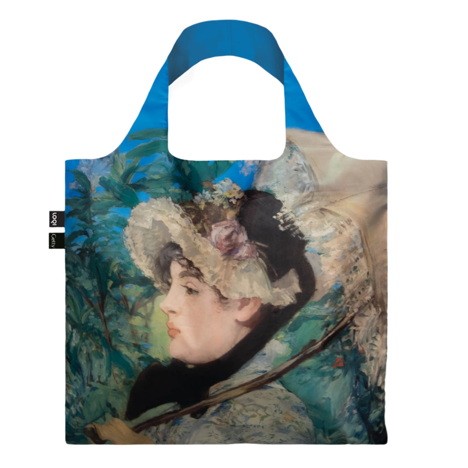 A reusable tote bag featuring the painting 'Jeanne Spring' by Edouard Manet, depicting a woman in a hat against a vibrant background.