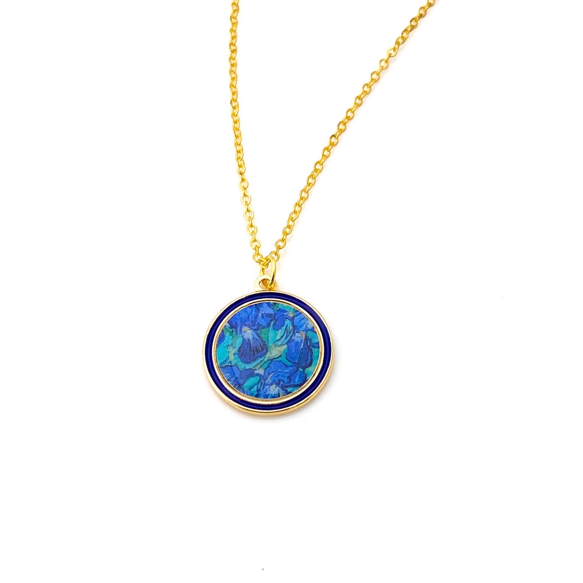 Van Gogh Irises Circle Pendant Necklace - Gold - Plate