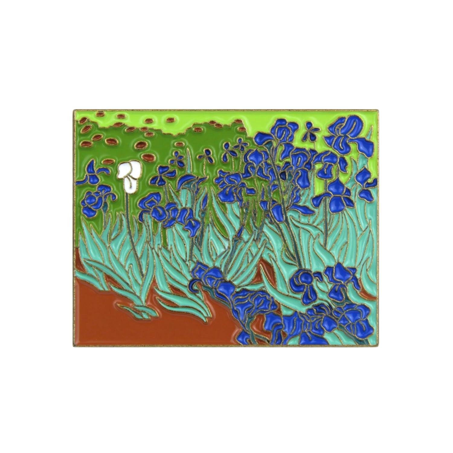 An enamel pin featuring a colorful floral design based on the 'Irises' painting by Vincent van Gogh.