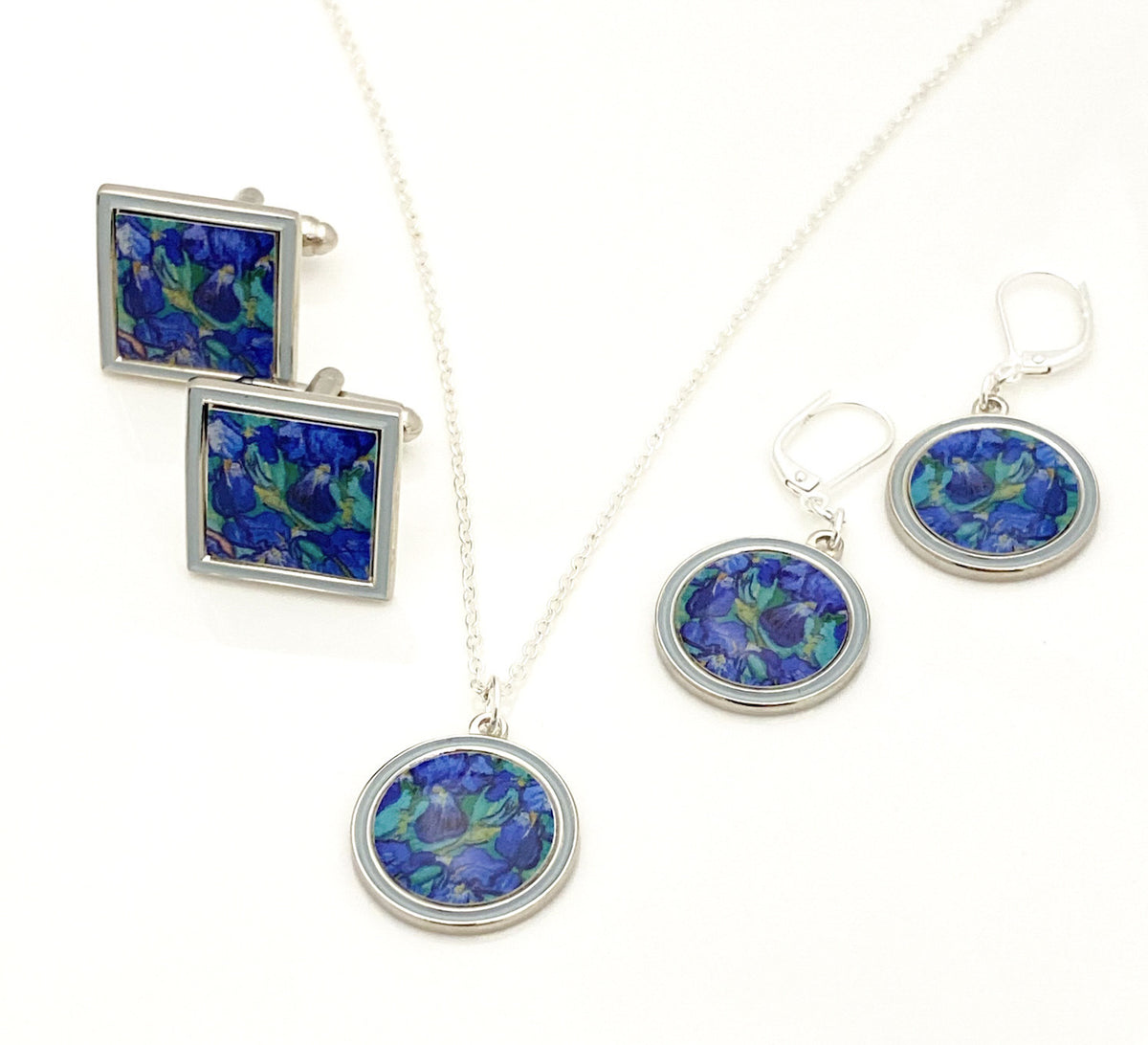 Van Gogh Irises Circle Pendant Necklace - Silver - Plate