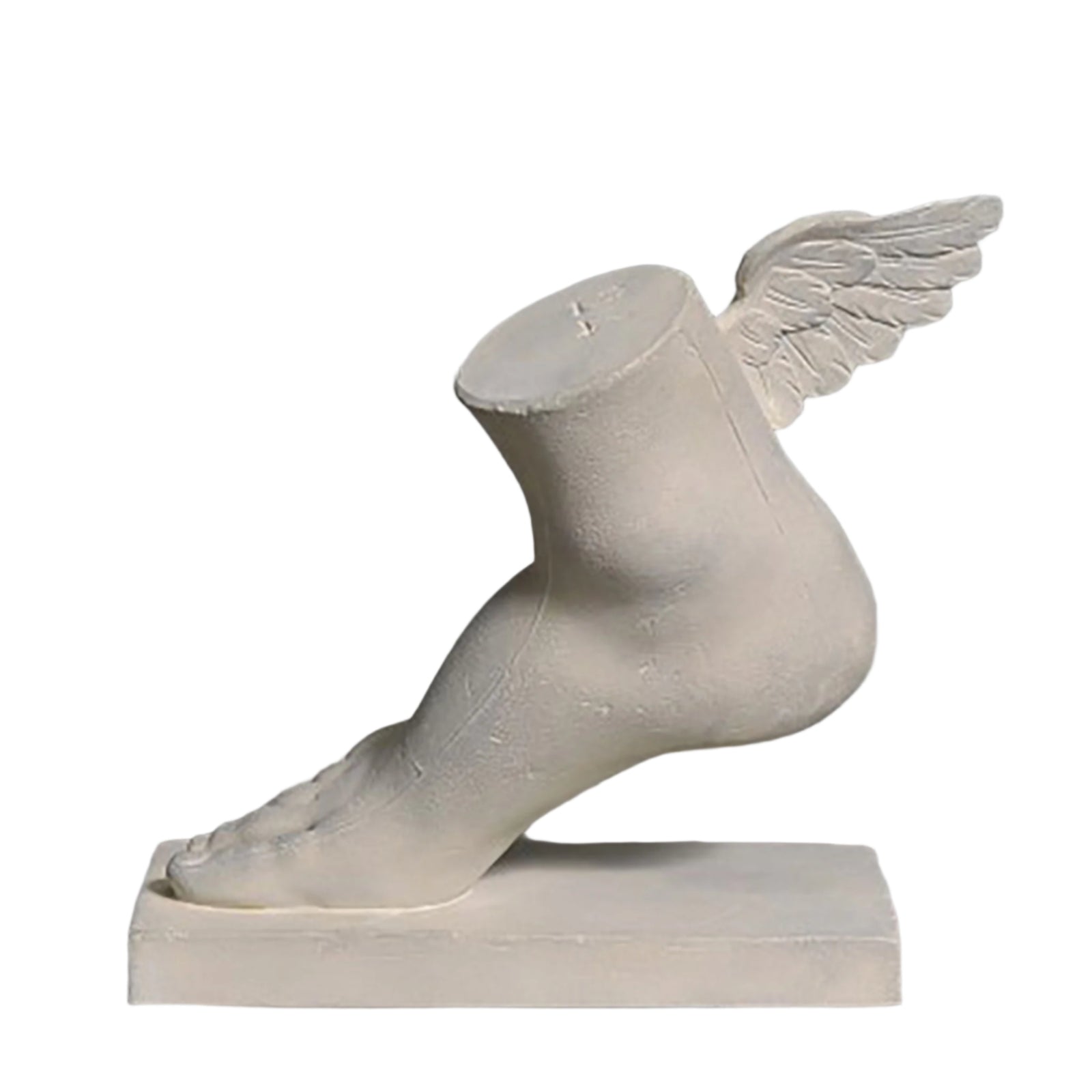 A sculpture of a winged foot with a grey dusted patina on a white base, presumably made of resin.