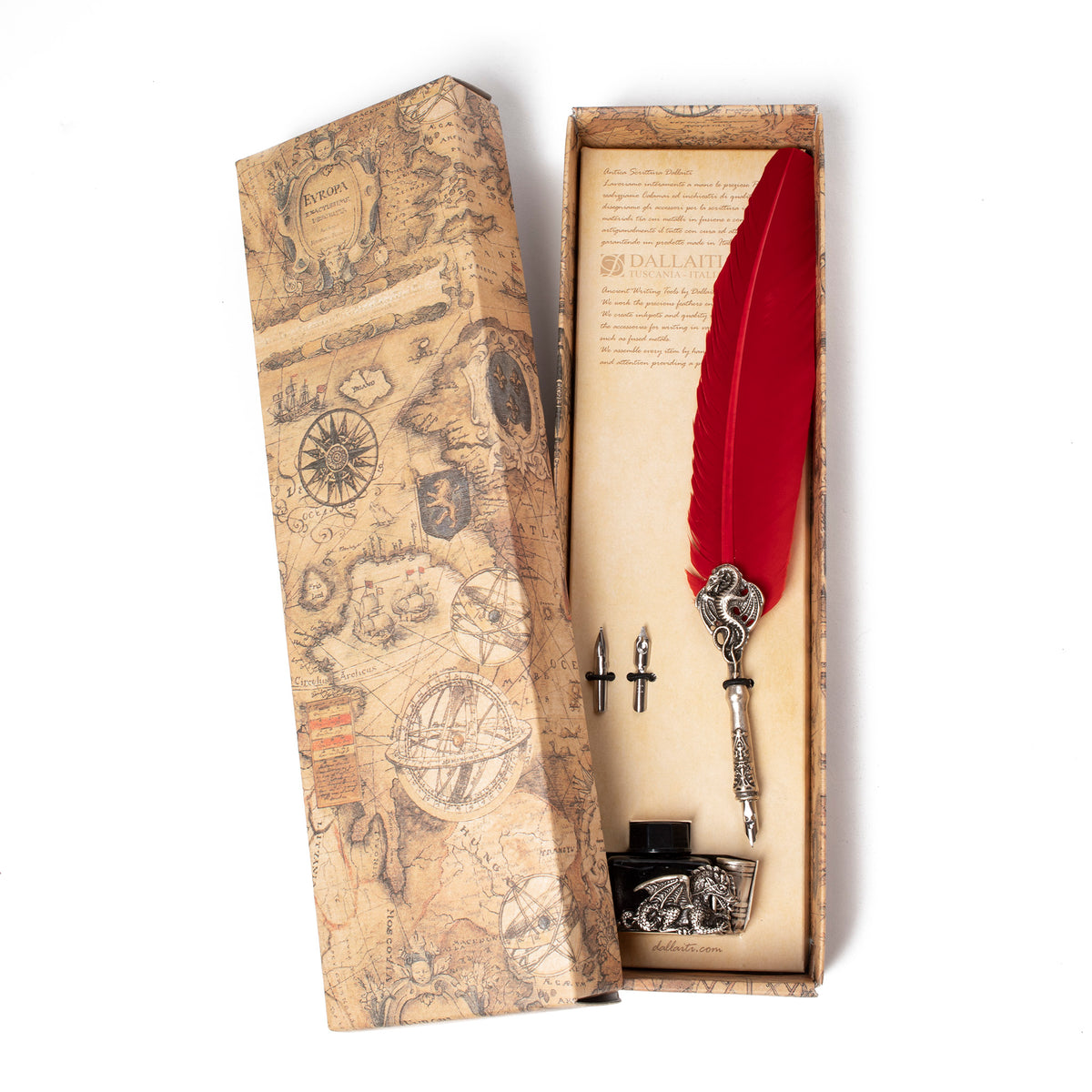Calligraphy Set - Red Feather Quill Pen with Dragon Decoration